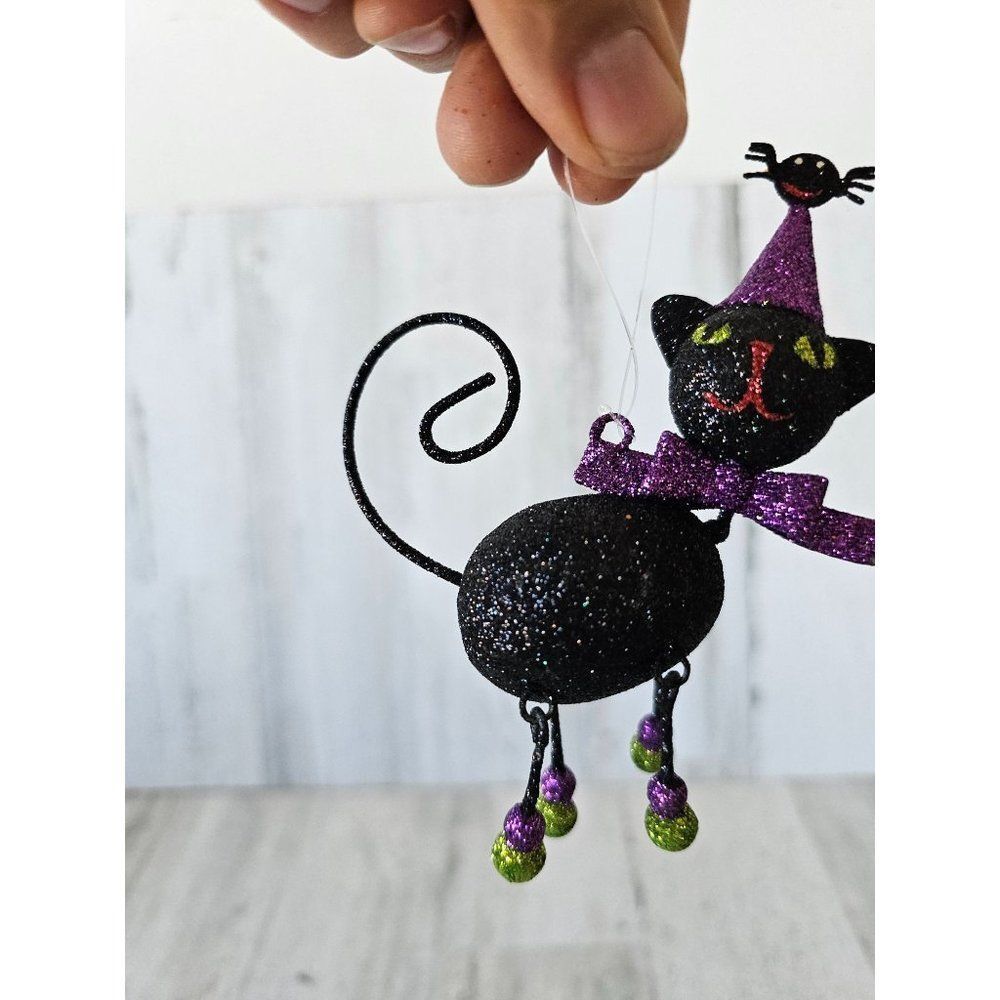 Pier 1 glitter cat Halloween spider ornament decor rare vintage